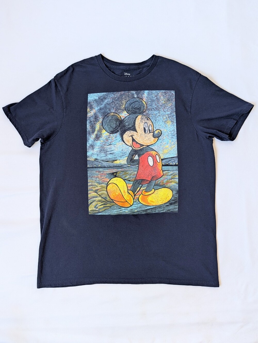 Disney Mickey Mouse Van Gogh Starry Night Graphic T-Shirt Size Large Blue Cotton